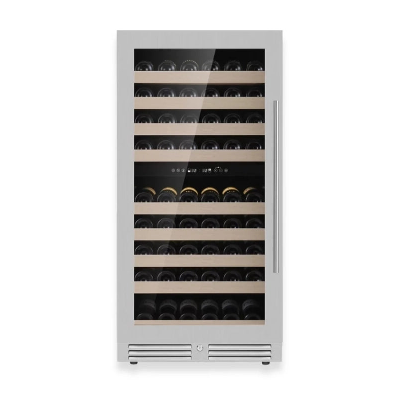 KingsBottle KBU265DX wine fridge with stainless steel frame and left hinge door option, offering a clean professional appearance.