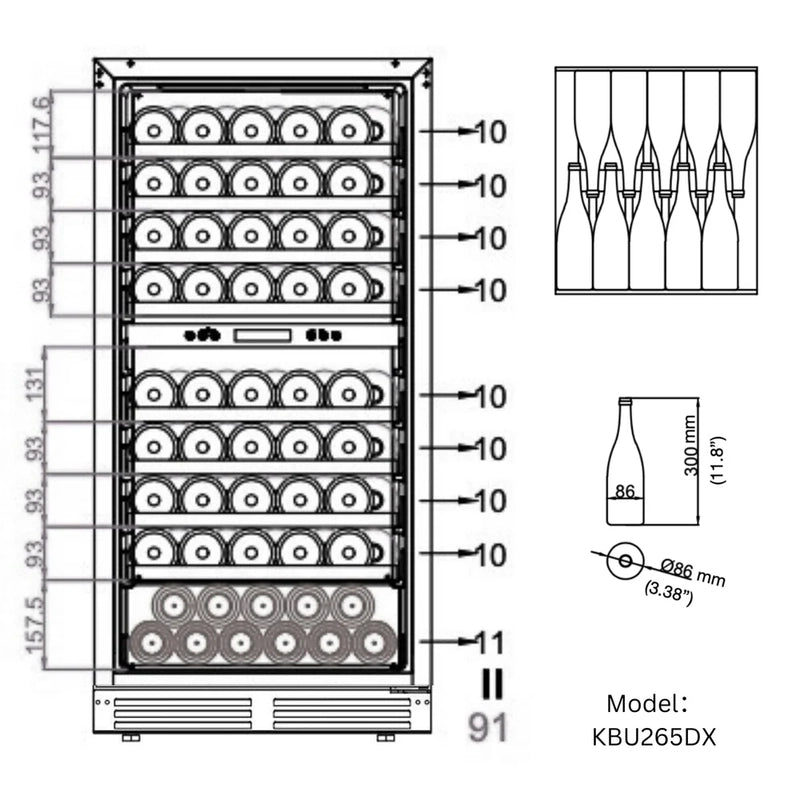 Diagram of KingsBottle KBU265DX wine fridge showcasing bottle storage layout with capacity and shelf spacing details.