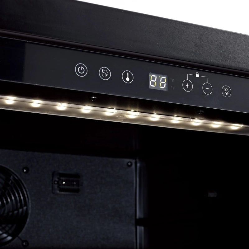 Digital thermostatic control panel of KingsBottle KBU265DX wine fridge with temperature display and function buttons.