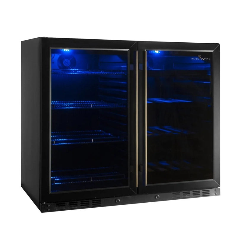 KingsBottle KBU28LRX beverage cooler with closed black frame glass doors, featuring modern minimalist design with blue interior lighting.