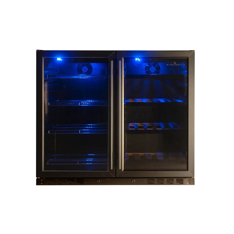 Front view of KingsBottle KBU28LRX beverage cooler with black frame glass doors illuminated by blue LED interior lighting.