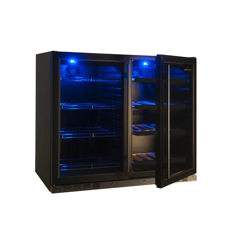 Angled view of KingsBottle KBU28LRX beverage cooler with black frame doors open, showing interior shelves and blue LED lighting.