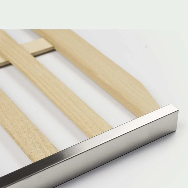 Detailed view of a KingsBottle KBU28LRX wooden shelf with stainless steel trim, highlighting craftsmanship and premium material.