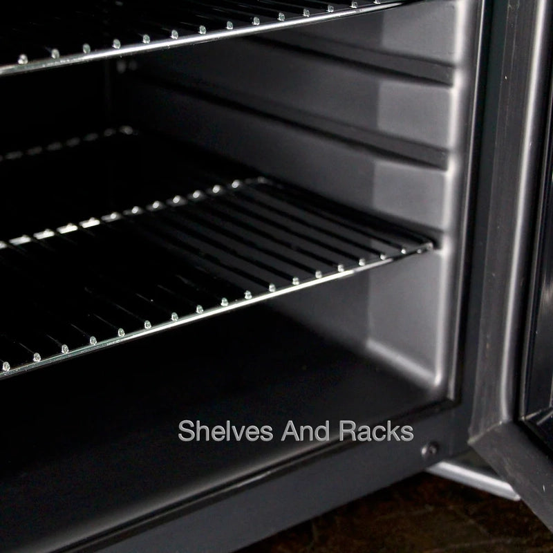 Inside view of the KingsBottle KBU28LRX beverage cooler featuring adjustable wire shelves and racks, designed for flexible storage.