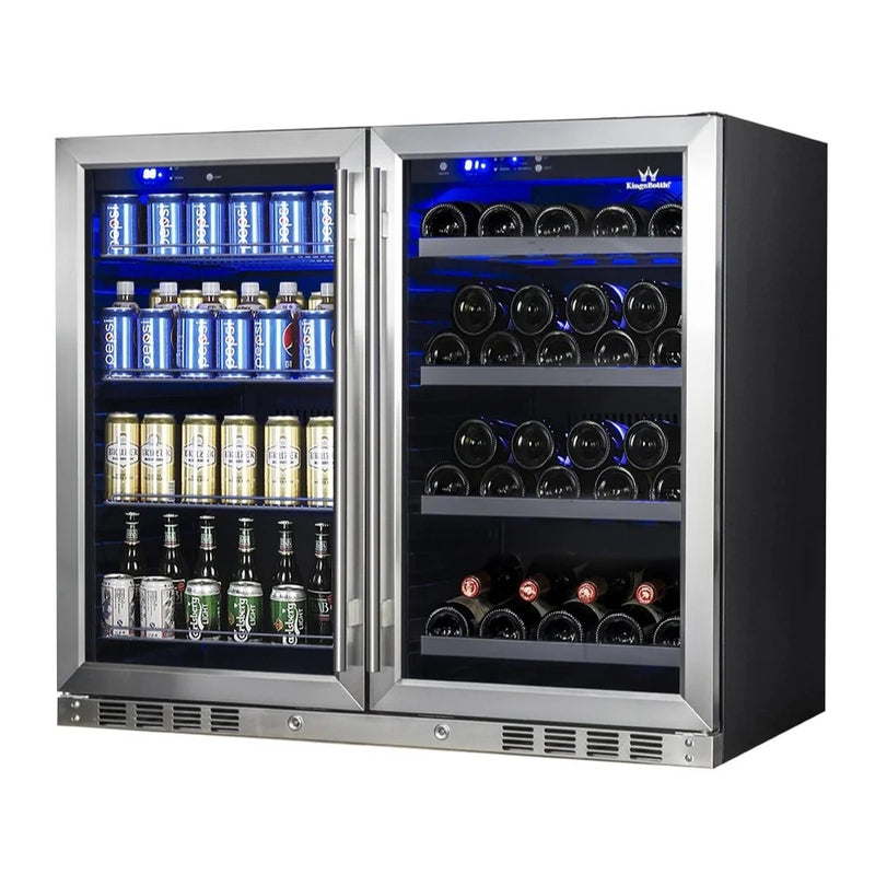 Angled side view of KingsBottle KBU28LRX beverage cooler with stainless steel frame doors, showcasing dual compartments and premium finish.