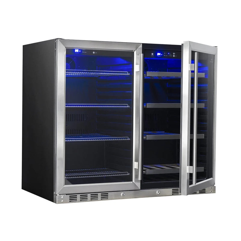 Angled view of KingsBottle KBU28LRX beverage cooler with stainless steel doors open, showing empty interior with adjustable racks and shelves.