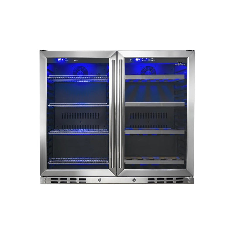 KingsBottle KBU28LRX beverage cooler front view with stainless steel doors closed, featuring blue LED lighting and dual-zone storage.