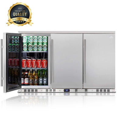 KingsBottle KBU328ASD 3-Door Beverage Fridge with Left Door Open Displaying Drinks