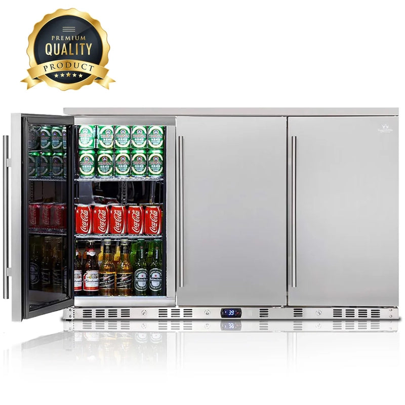 KingsBottle KBU328ASD 3-Door Beverage Fridge with Left Door Open Displaying Drinks