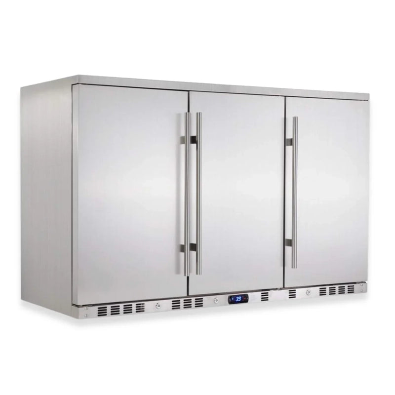 KingsBottle KBU328ASD Side View of Stainless Steel Beverage Fridge with Three Doors