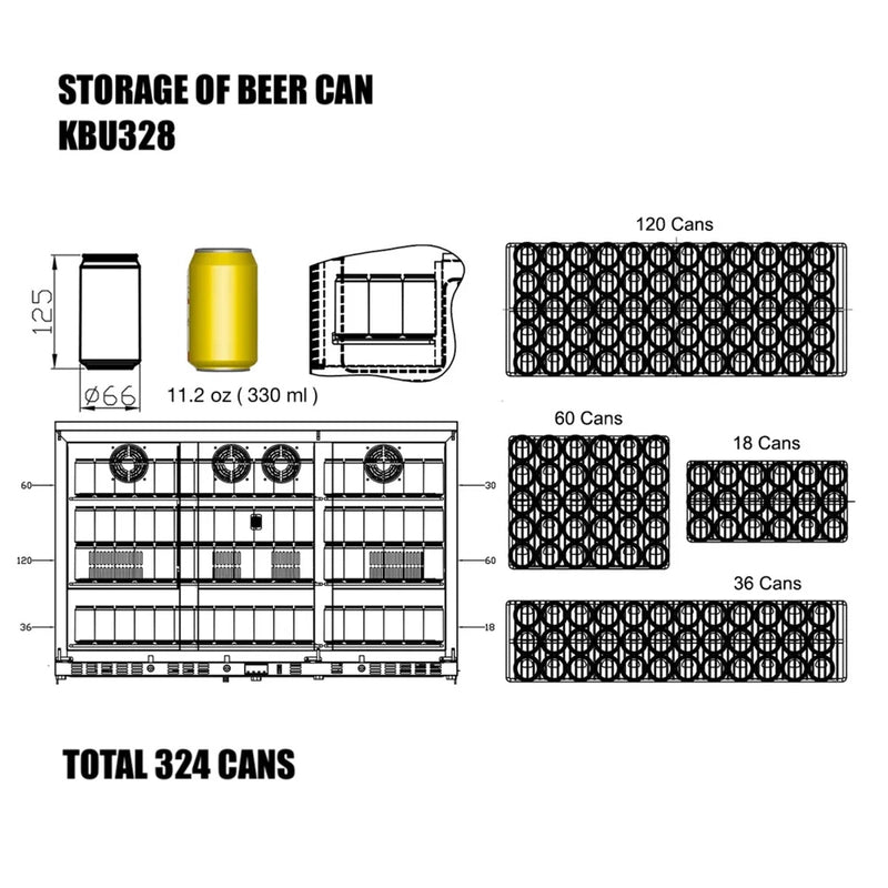 KingsBottle KBU328ASD Beer Can Storage Diagram Showing 324 Can Capacity