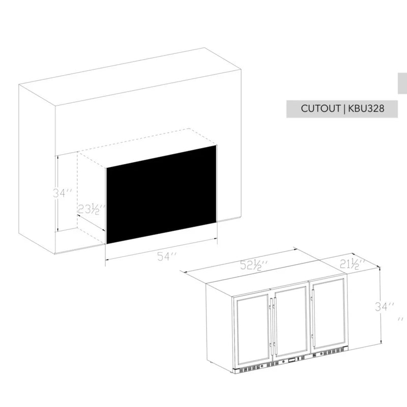 KingsBottle KBU328M cutout diagram showing installation dimensions for built-in placement.