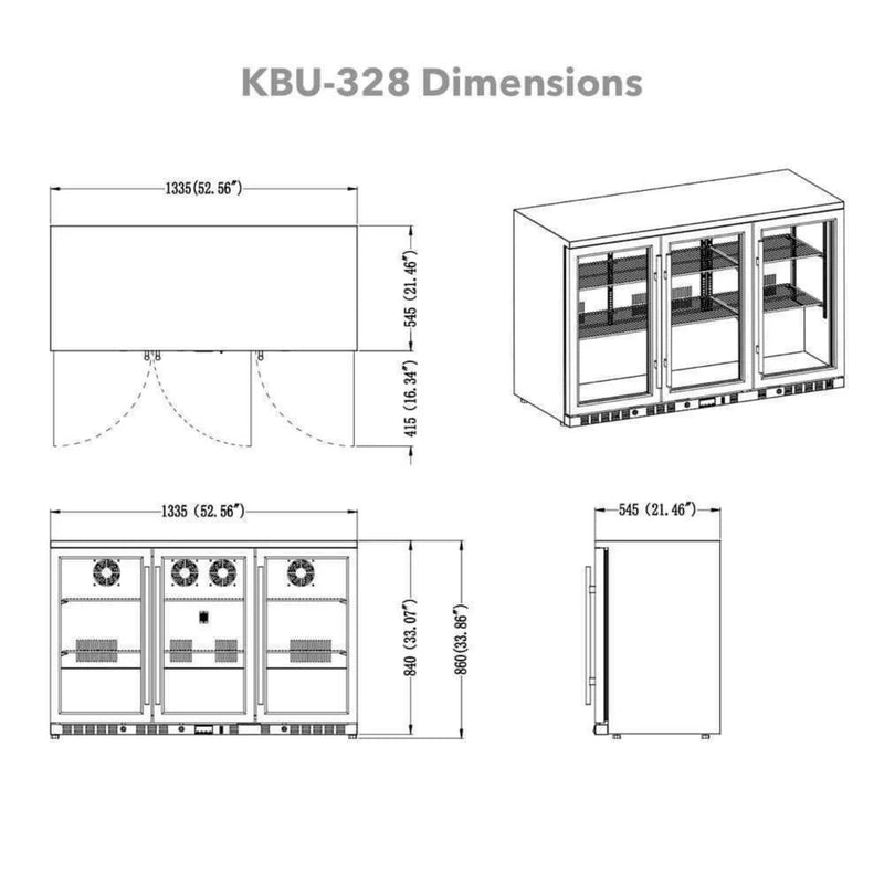 KingsBottle KBU328M dimension drawing with front, side, and top views including detailed measurements.