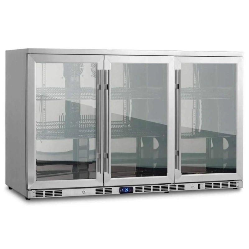 KingsBottle KBU328M stainless steel triple-door beverage fridge with empty interior and glass doors.