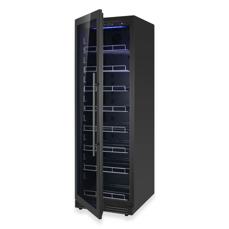 KingsBottle KBU425BX black door beverage fridge featuring left hinge and vertical handle"
