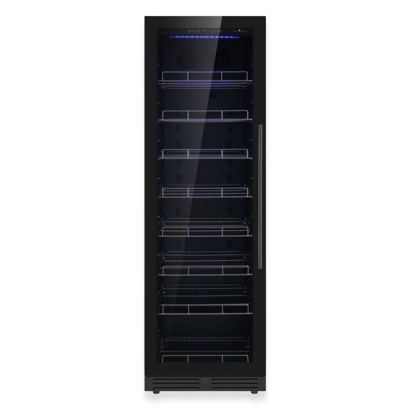 KingsBottle KBU425BX black glass door beverage refrigerator front view with illuminated interior shelves"