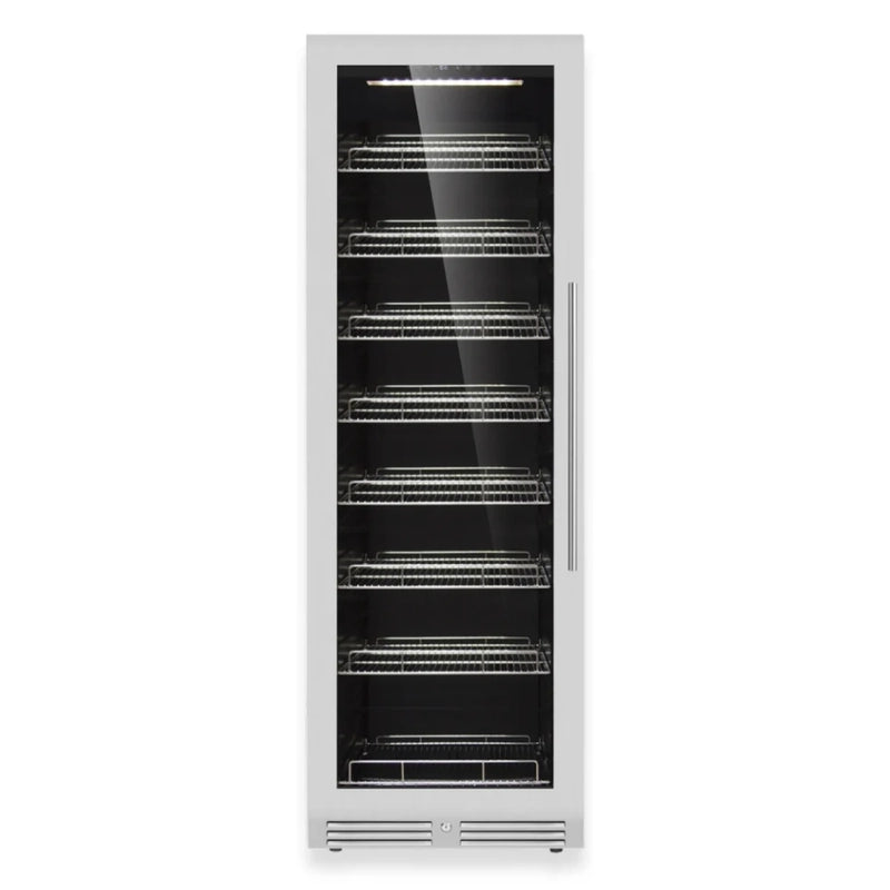 KingsBottle KBU425BX stainless steel door beverage fridge with left hinge, door closed front view