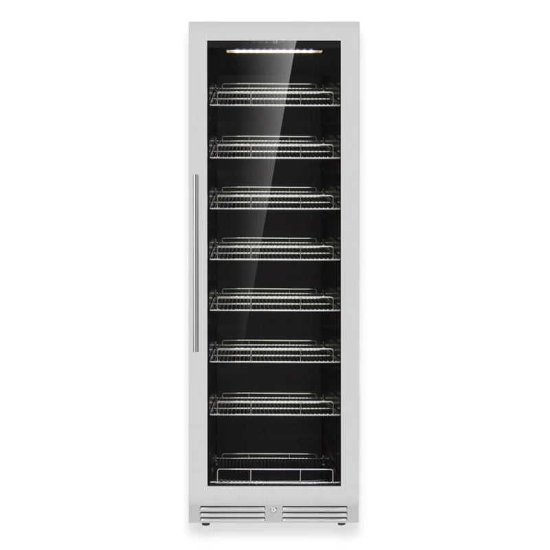 KingsBottle KBU425BX stainless steel beverage fridge with right hinge door, showcasing sleek handle and brushed steel finish.