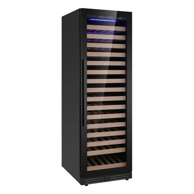 KingsBottle KBU425WX wine fridge with black door shown at an angle, highlighting the sleek glass front and wooden shelves.