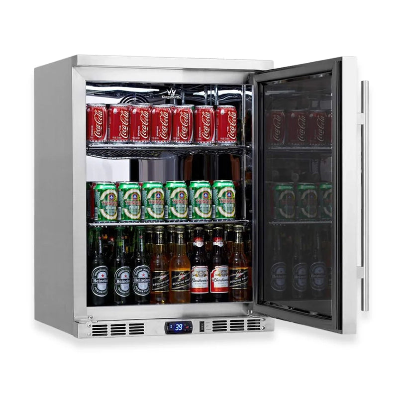 KingsBottle KBU55ASD beverage cooler with open door displaying organized beer bottles and soda cans.