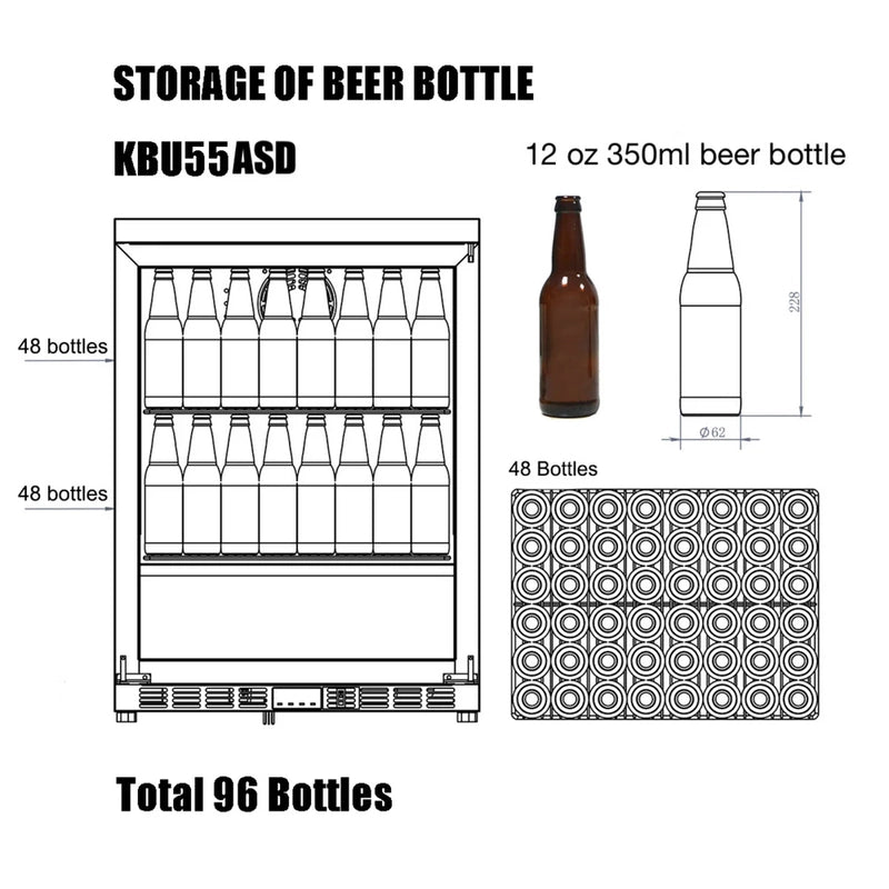 KingsBottle KBU55ASD beer fridge storage diagram showing capacity for 96 bottles of 12 oz beer