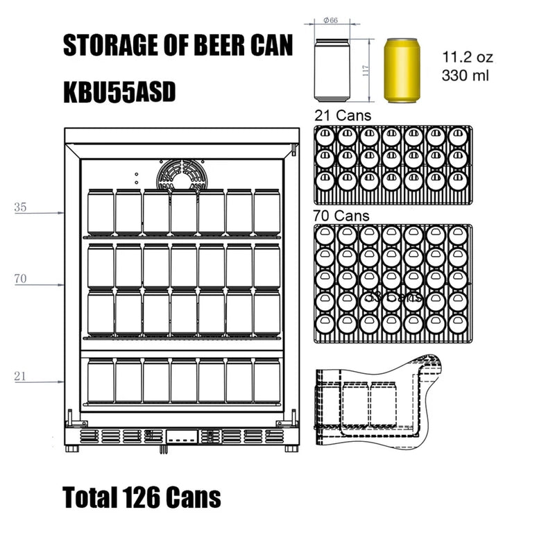 KingsBottle KBU55ASD beverage cooler layout with capacity for 126 beer cans in organized rows