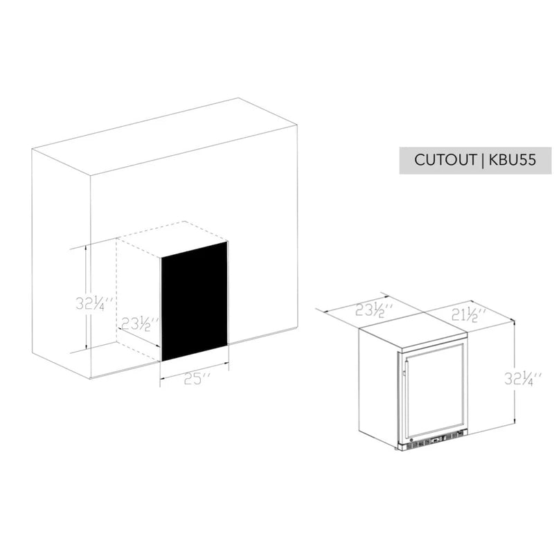 KingsBottle KBU55M cutout installation diagram showing required cabinet space dimensions for beverage fridge.