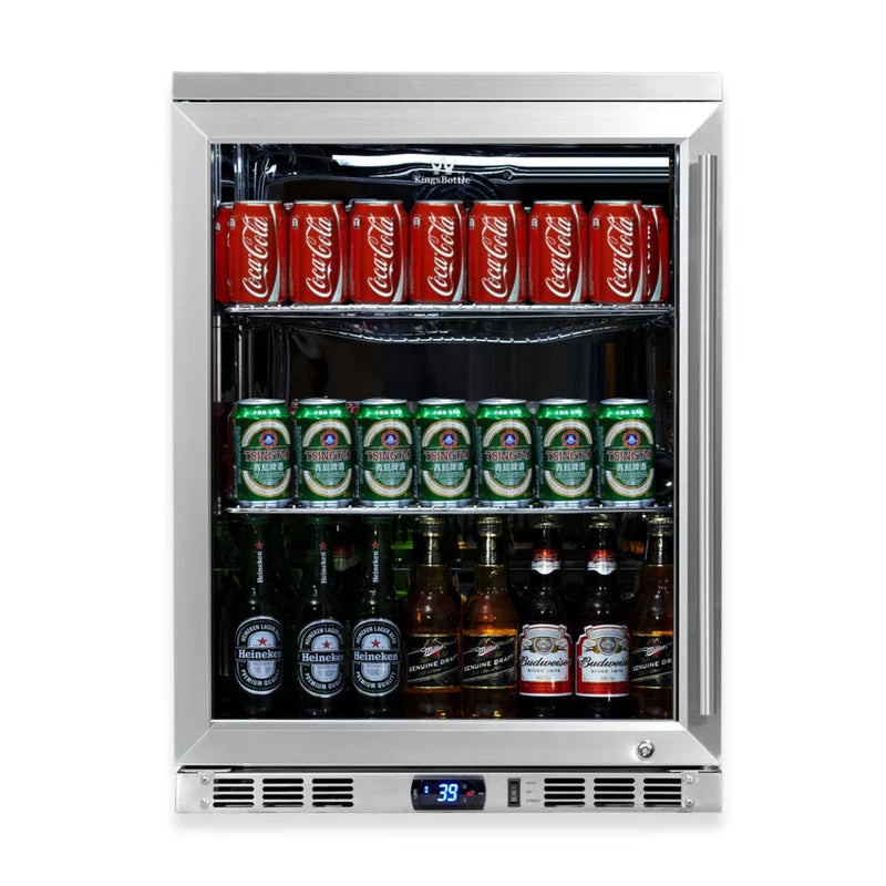 KingsBottle KBU55M beverage fridge with left-hand hinge, stocked with soda cans and beer bottles.