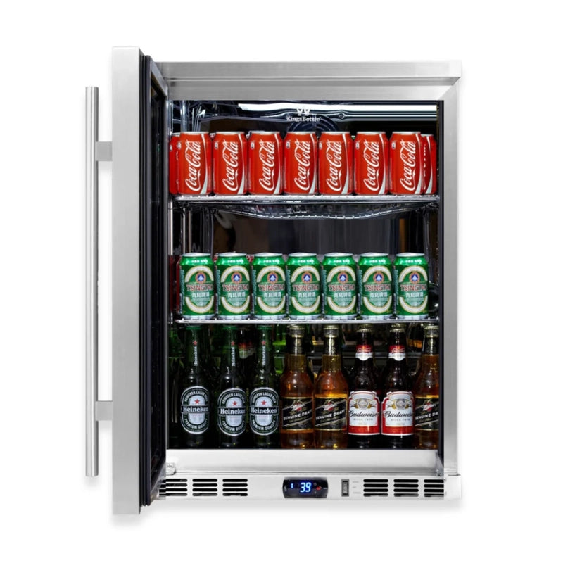 KingsBottle KBU55M stainless steel beverage fridge with left-hand hinge, door open showing stocked interior.