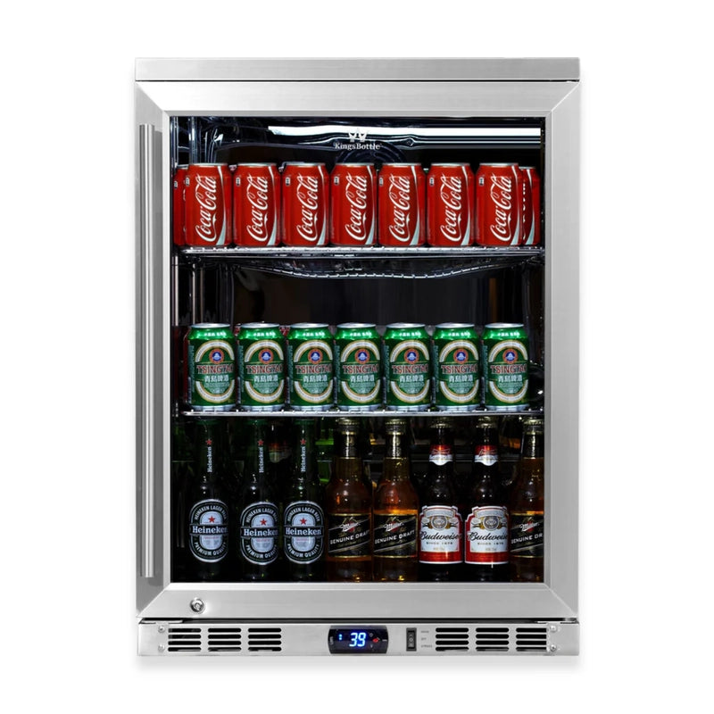 KingsBottle KBU55M beverage fridge right-hand hinge, front view with stocked drinks visible through glass door.