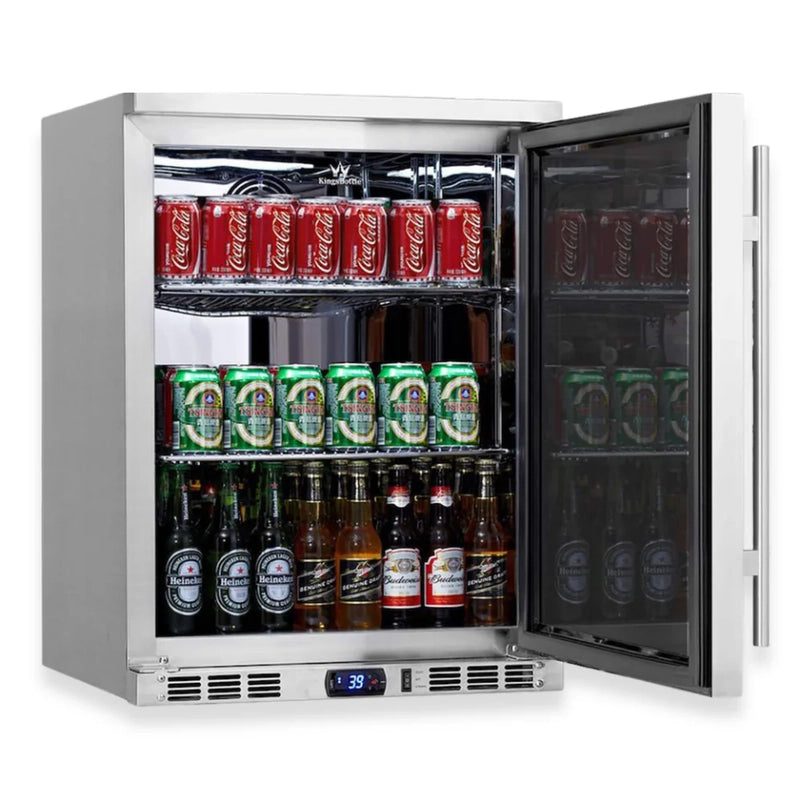 KingsBottle KBU55M right-hand hinge beverage fridge, door open showing soda cans and beer bottles inside.