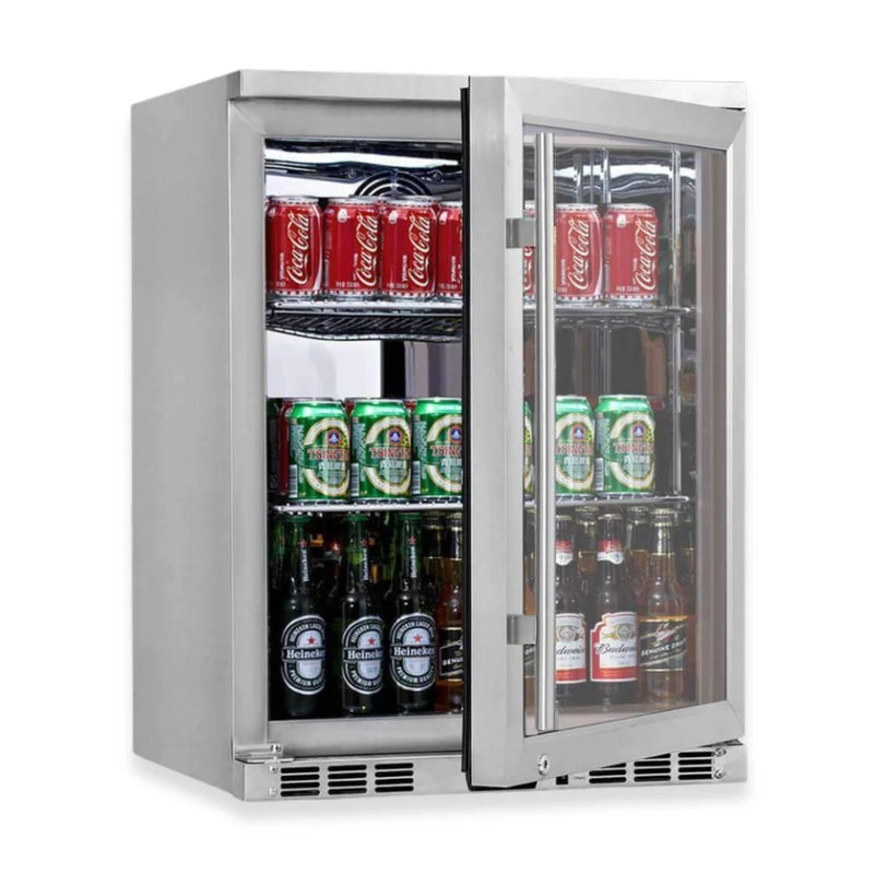 KingsBottle KBU55M beverage fridge right-hand hinge, door open revealing stocked shelves of drinks.