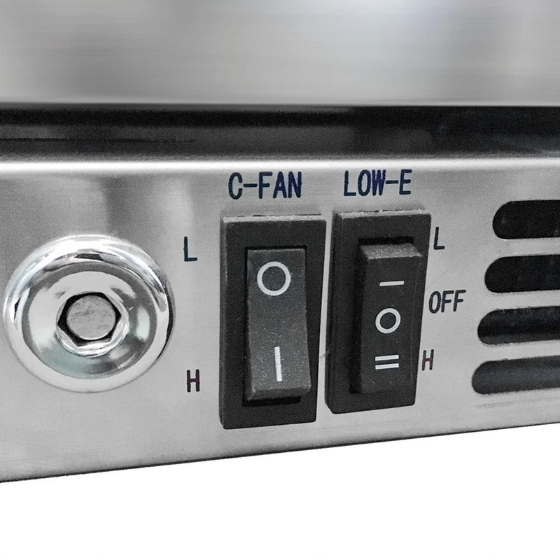 KingsBottle KBU55M control panel close-up showing adjustable fan and heated glass settings for precise cooling.