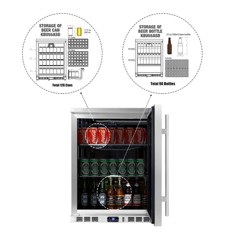 KingsBottle KBU55M beverage fridge storage layout with can and bottle capacity illustration and open door filled with drinks.