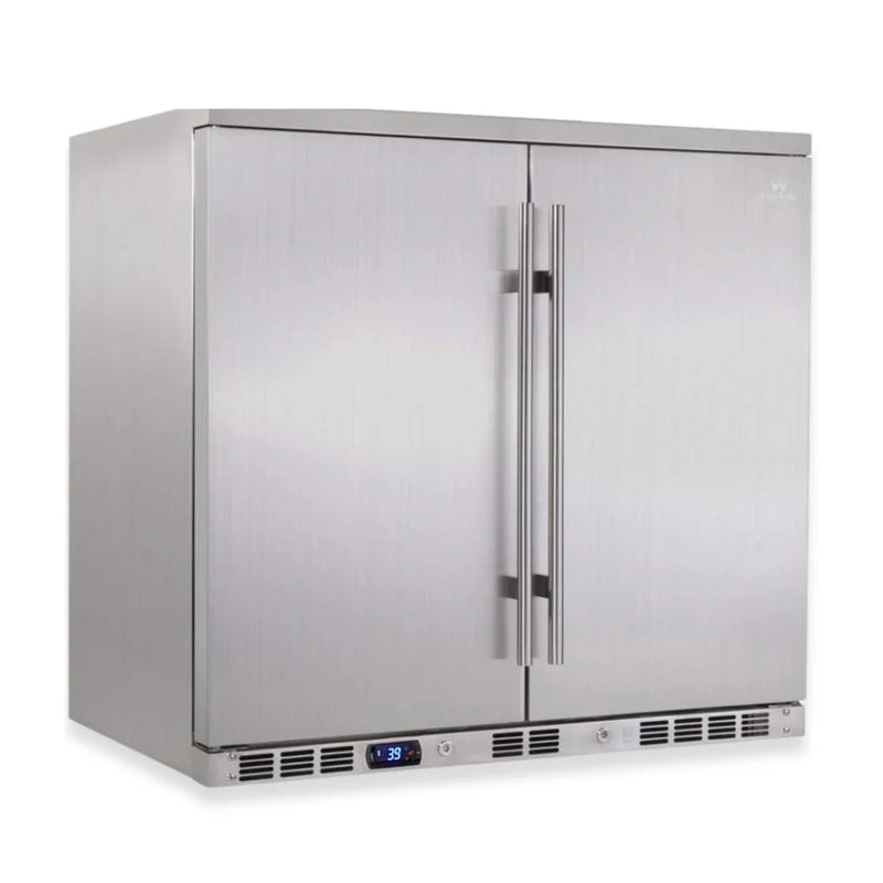 KingsBottle KBU56ASD double-door outdoor beverage cooler angled front view showcasing stainless steel finish.