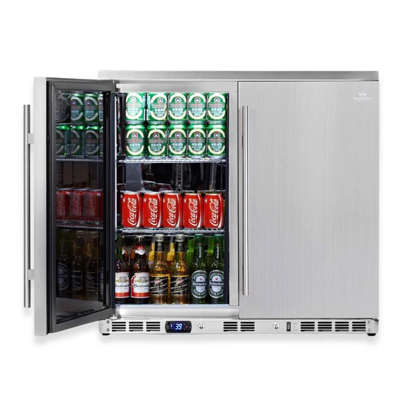 KingsBottle KBU56ASD outdoor fridge with left door open showing fully stocked beverage shelves with cans and bottles.