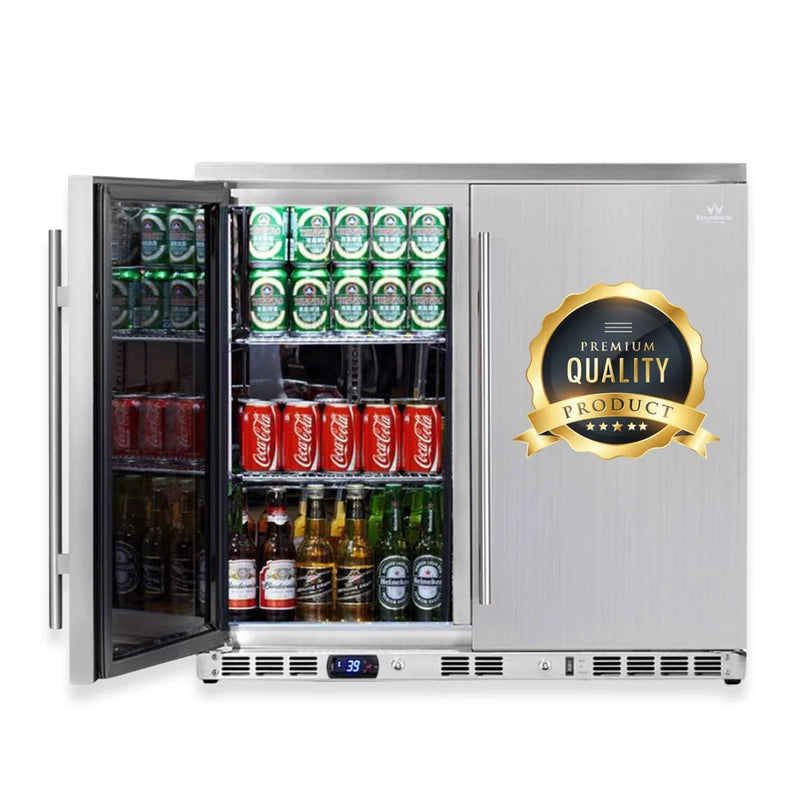 KingsBottle KBU56ASD outdoor double-door refrigerator open revealing interior filled with assorted drinks.