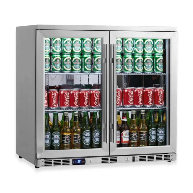 KingsBottle KBU56M double-door beverage fridge angled view with stainless steel finish.