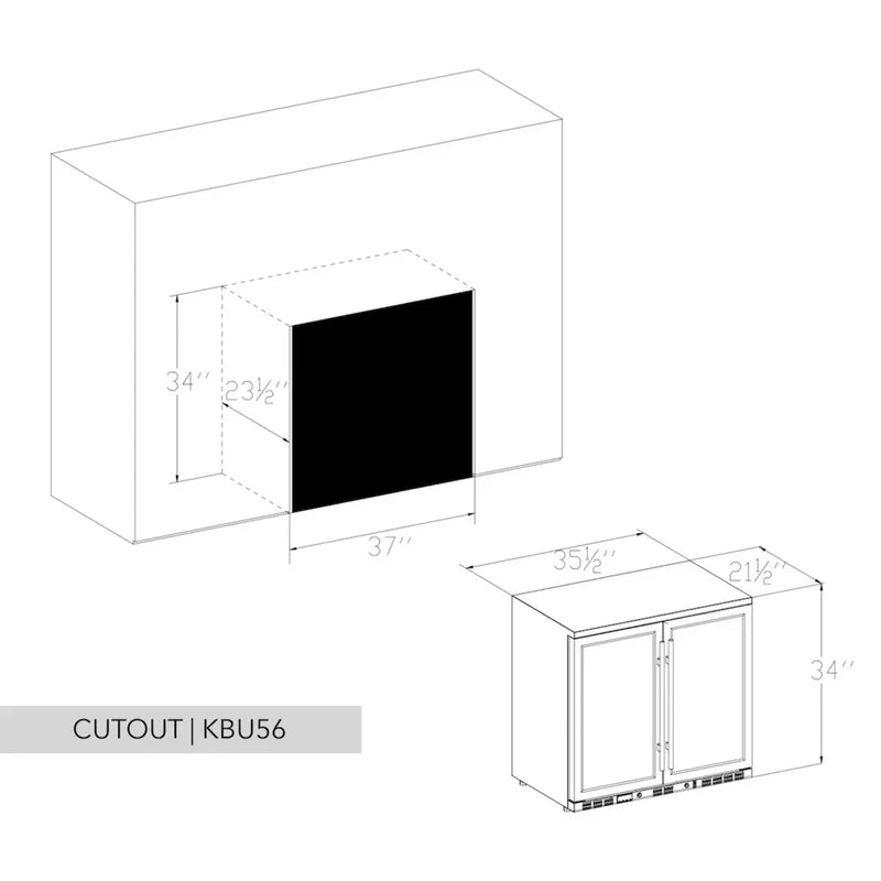 KingsBottle KBU56M beverage fridge installation cutout dimensions diagram.