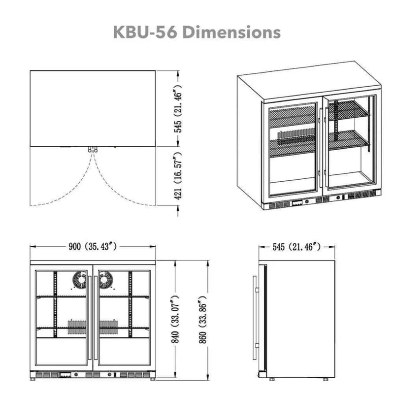 KingsBottle KBU56M beverage fridge technical dimensions and measurements diagram.