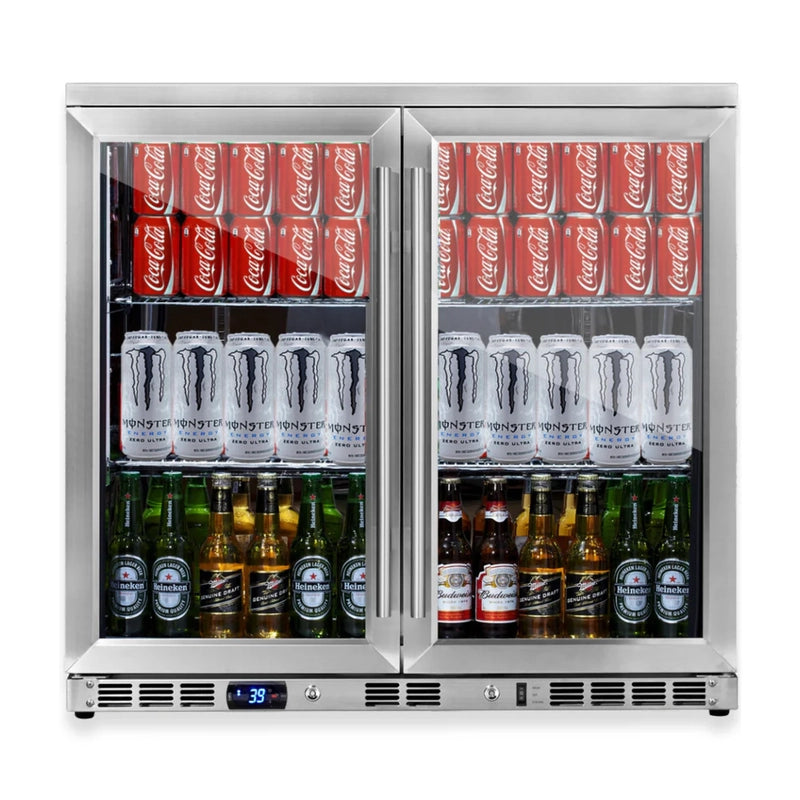 KingsBottle KBU56M double-door beverage fridge front view with glass doors and stocked shelves.