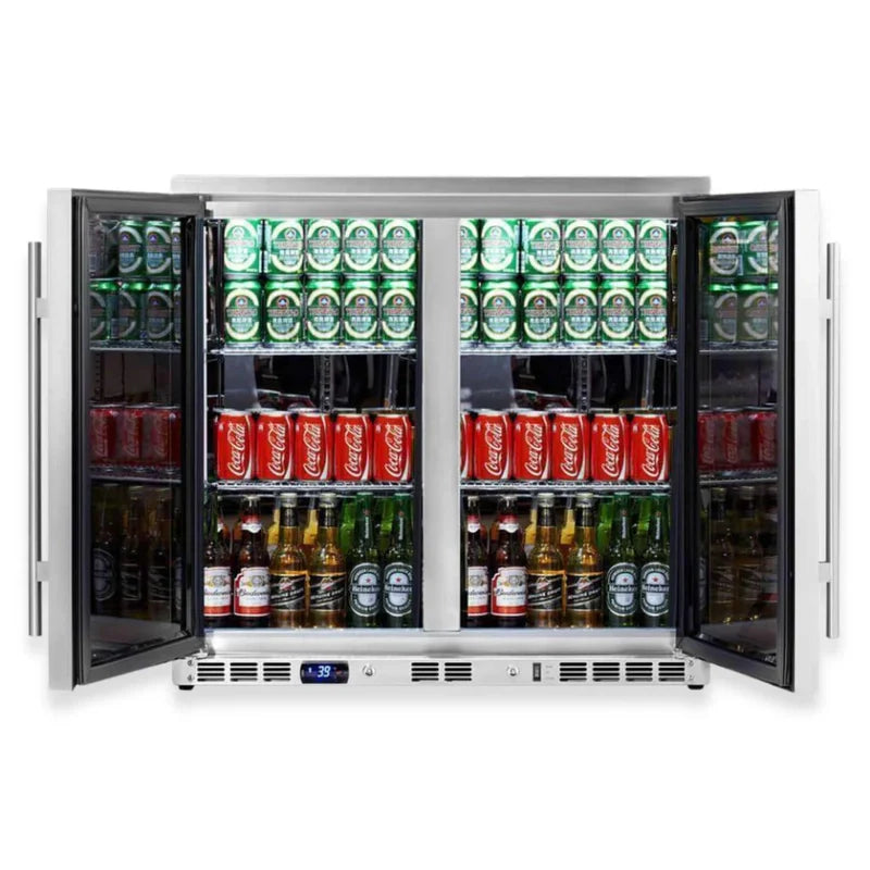 KingsBottle KBU56M beverage fridge with both doors open showing fully stocked interior.