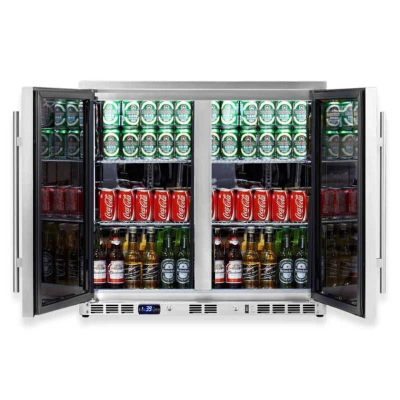 KingsBottle KBU56M beverage fridge with both doors open showing fully stocked interior.