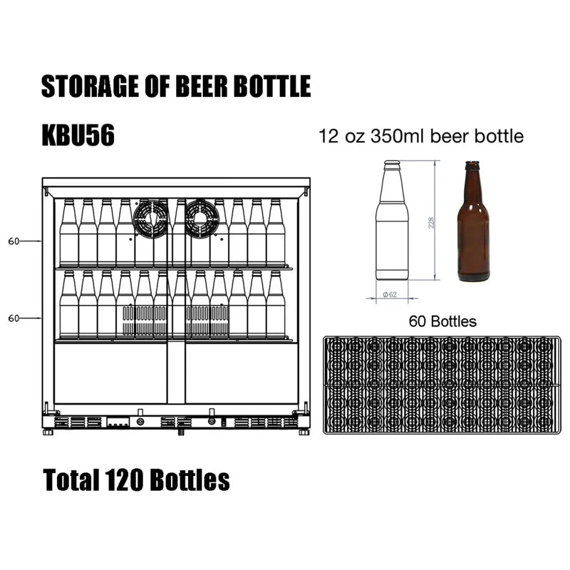 KingsBottle KBU56M beer bottle storage diagram showing 12 oz bottle capacity.