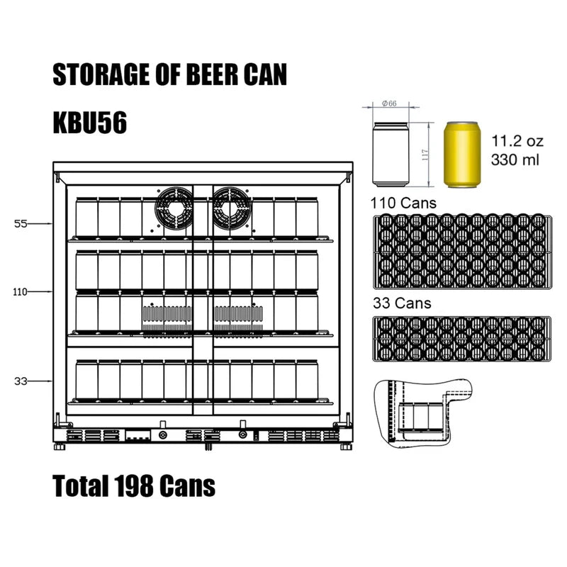 KingsBottle KBU56M beer can storage diagram showing capacity for 198 cans with layout options.