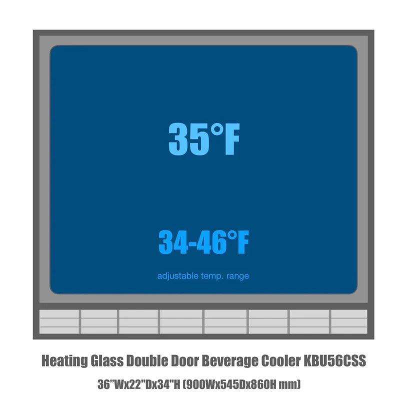 KingsBottle KBU56M beverage cooler display showing temperature range of 34-46°F and setpoint at 35°F.