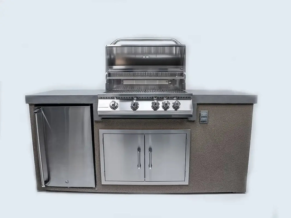 KoKoMo 7ft grill island front view with fridge and access doors