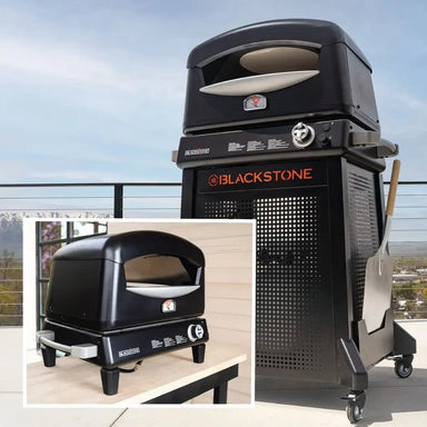 Blackstone outdoor pizza oven with wheeled cart and propane tank storage for backyard cooking