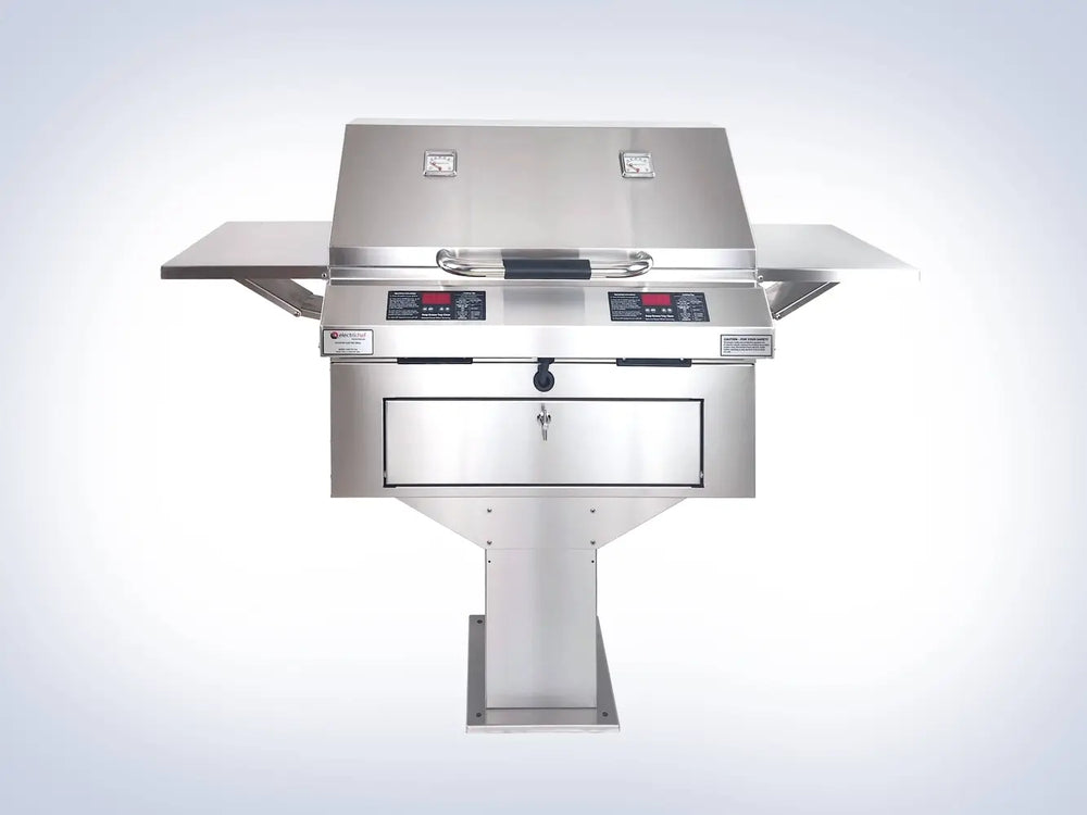 ElectriChef Ruby 32" Dual Pedestal Electric Grill - Front View Closed Lid with Shelves