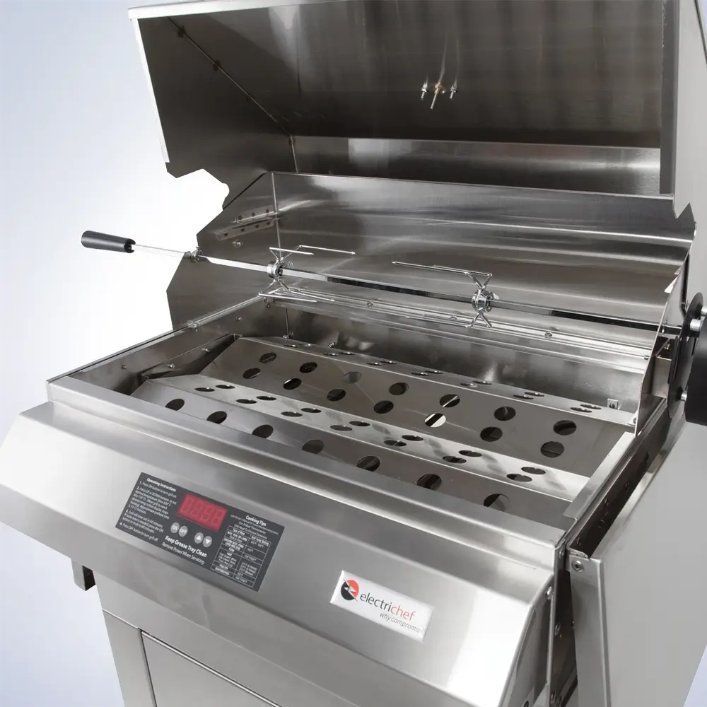 ElectriChef Ruby 32 Pedestal Grill with rotisserie attachment and dual heat trays – professional electric grilling solution